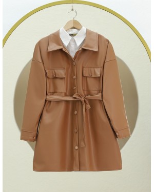 Waist Tied Double Pocket Leather Shirt -Snuff