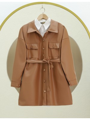 قميص جلدي بجيب مزدوج على الخصر -بني كاشف