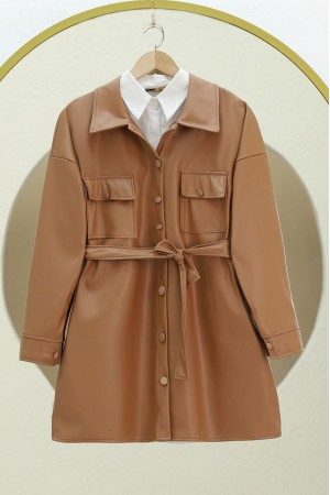 Beli Bağlamalı Çift Cepli Deri Ceket -Taba