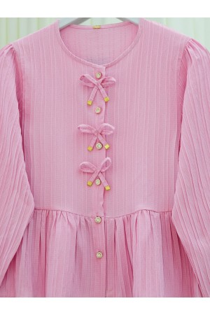 Buttoned Blouse with Elastic Sleeves and Bow Detail on the Front -Pink