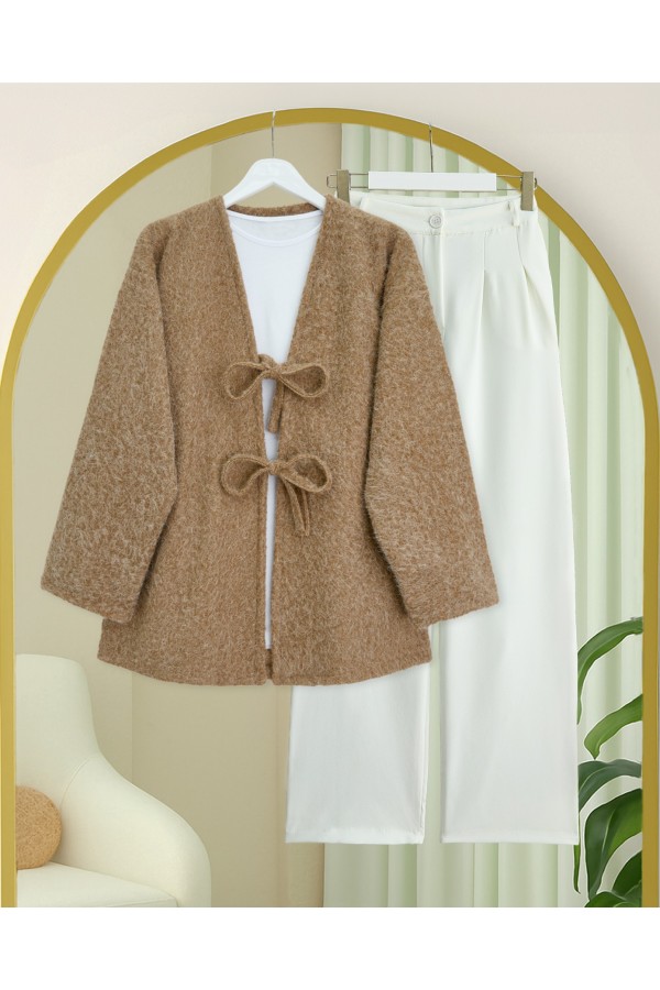 Önü Bağlamalı Sakallı Kimono -Vizon