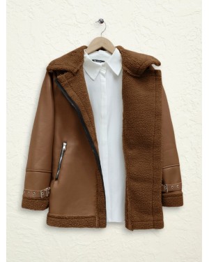 جاكيت جلدي داخلي من القطيفة بسحاب  -بني كاشف