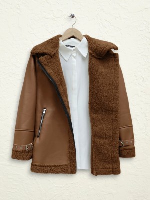 جاكيت جلدي داخلي من القطيفة بسحاب  -بني كاشف