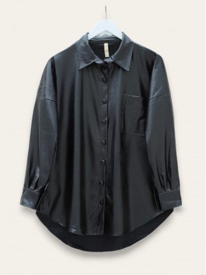 Tek Cepli Oval Kesim Deri Gömlek -Siyah