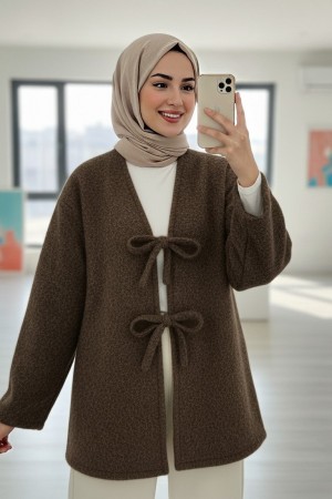 Önü Bağlamalı Sakallı Kimono -Kahve