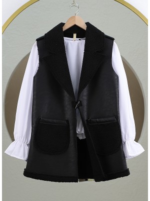 Lamb Plush Double Pocket Vest -Black