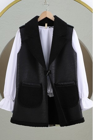 İçi Kuzu Peluş Çift Cepli Yelek -Siyah