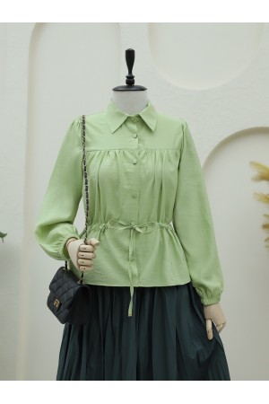 Tunnel Laced Buttoned Shirt Blouse -PISTACHIO GREEN