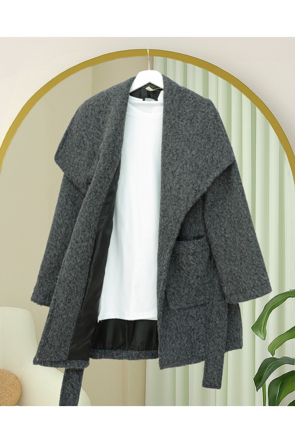 Wide Collar, Waist Belted, Pocketed Cashmere Coat -Anthracite