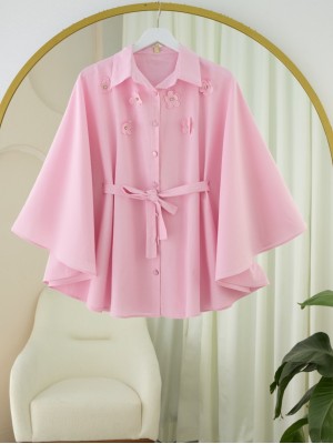 Önü Çiçek Detaylı Beli Bağcıklı Düğmeli Panço -Pembe