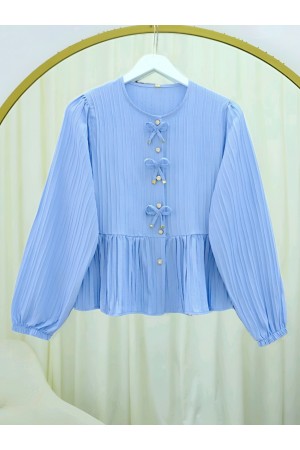Buttoned Blouse with Elastic Sleeves and Bow Detail on the Front -Blue