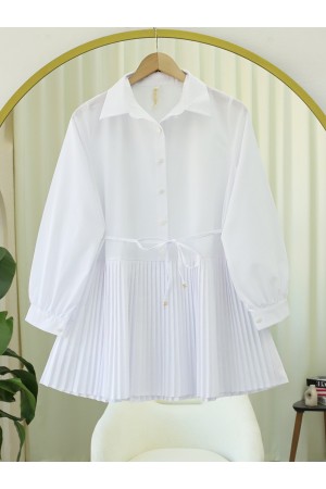 Yarım Düğmeli Beli Bağlamalı Piliseli Gömlek  -Beyaz