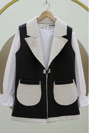 İçi Kuzu Peluş Çift Cepli Yelek -Beyaz