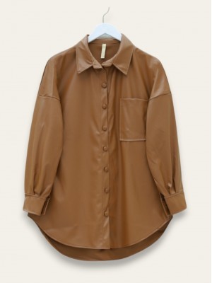 Tek Cepli Oval Kesim Deri Gömlek -Taba