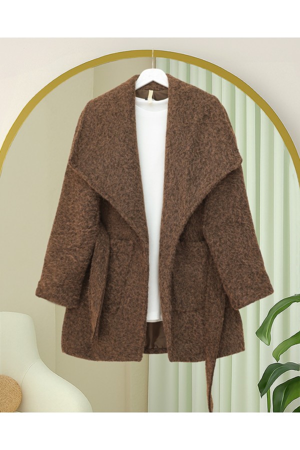 Wide Collar, Waist Belted, Pocketed Cashmere Coat -Brown