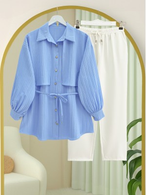 Beli Bağlamalı Bolero Detaylı Taşlı Düğmeli Gömlek -Mavi