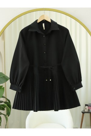 قميص مطوي مربوط عند الخصر بنصف أزرار -أسود