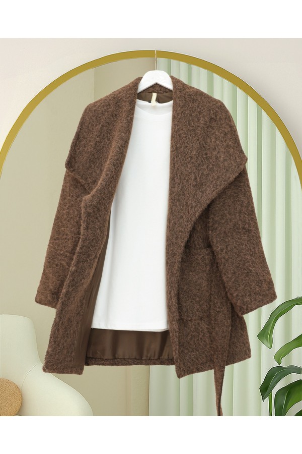 Wide Collar, Waist Belted, Pocketed Cashmere Coat -Brown