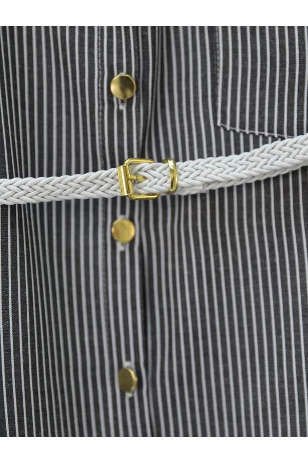 Striped Tie Waist Button-Down Shirt -Black