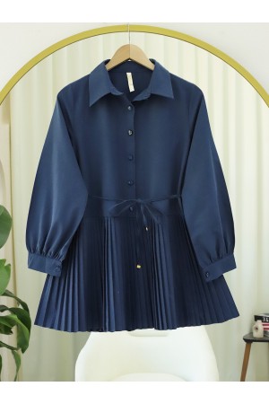 Yarım Düğmeli Beli Bağlamalı Piliseli Gömlek  -Laci