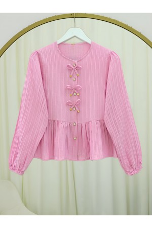 Buttoned Blouse with Elastic Sleeves and Bow Detail on the Front -Pink