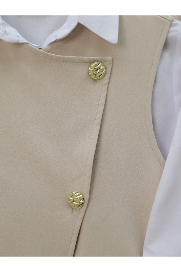 Belted Vest and Wide Leg Trousers Set - Beige