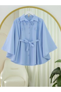 Önü Çiçek Detaylı Beli Bağcıklı Düğmeli Panço -Mavi