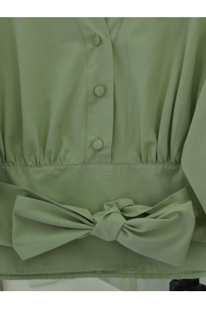 Half Buttoned Waist Belted Poplin Shirt -Sea green