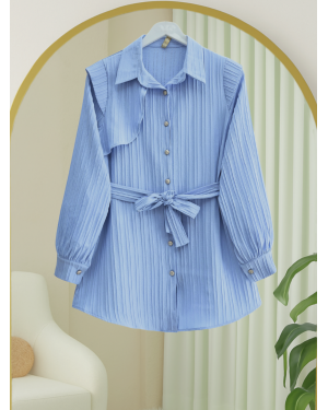 Shoulder Detailed Ribbed Crinkle Tunic with Tie Waist -Baby Blue