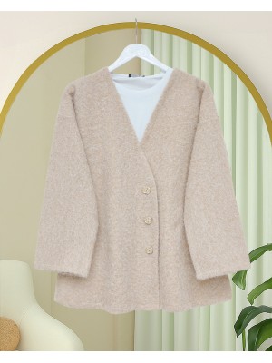 V Yaka Düğmeli Sakallı Kap -Bej