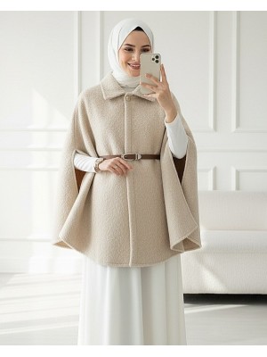 Tek Düğmeli  Beli Kemerli  Sakallı Panço  -Bej