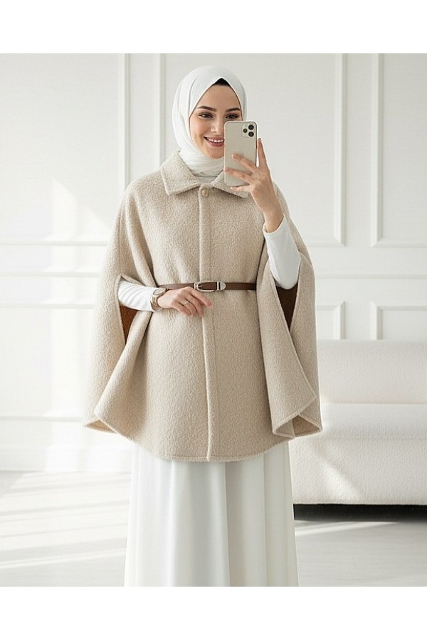 Single Buttoned Belted Bearded Poncho - Beige