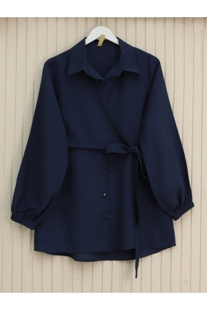 قميص بأكمام مرنة وربطة متقاطعة وأزرار -كحلي