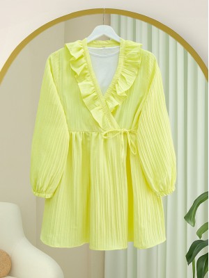 Ruffled Lace-Up Front Elastic Sleeve Kimono -Yellow