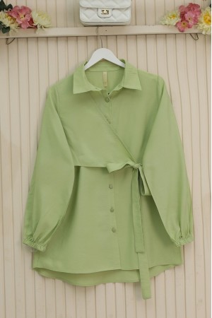 قميص بأكمام مرنة وربطة متقاطعة وأزرار -بحري