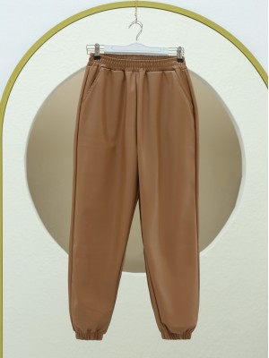 Beli ve Paçası Lastikli Cepli Deri Pantolon -Taba