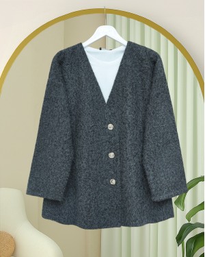 V-Neck Buttoned Bearded Cape -Anthracite