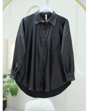 Single Pocket Oval Cut Leather Shirt -Black