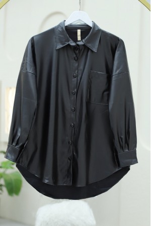 Tek Cepli Oval Kesim Deri Gömlek -Siyah