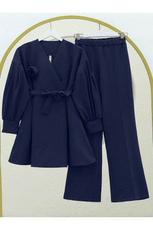 Çapraz Yaka Gül Detaylı Kemerli İkili Takım  -Laci