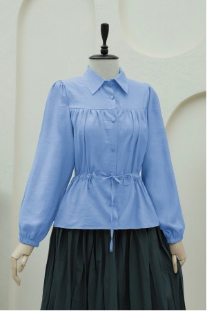 Tunnel Laced Buttoned Shirt Blouse -Baby Blue