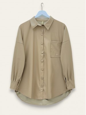 Tek Cepli Oval Kesim Deri Gömlek -Bej