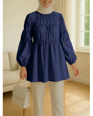 Elastic Sleeve Floral Detailed Tunic -Navy blue