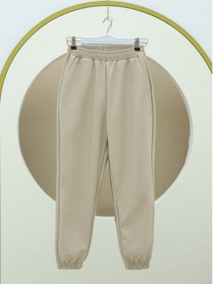 Beli ve Paçası Lastikli Cepli Deri Pantolon -Bej