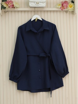 Çapraz Bağlamalı Kolu Lastikli Düğmeli Gömlek  -Laci