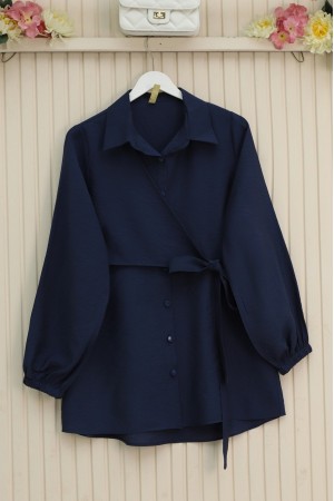 قميص بأكمام مرنة وربطة متقاطعة وأزرار -كحلي