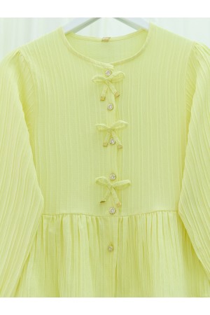 Buttoned Blouse with Elastic Sleeves and Bow Detail on the Front -Light yellow