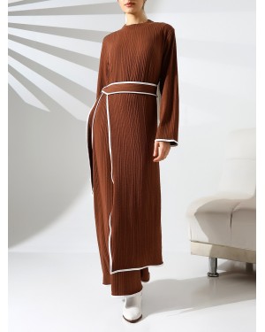 Stand Collar Knitted Crepe Waist Tied Two Piece Dress -Snuff