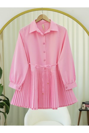 قميص مطوي مربوط عند الخصر بنصف أزرار -وردي