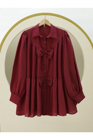 Önü Fiyonk Detaylı Parçalı Gömlek  -Bordo